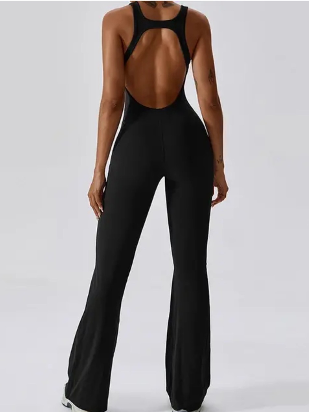 Women’s Black Active Jumpsuit Flare Leg Built-In Bra Cutout Back Size Large